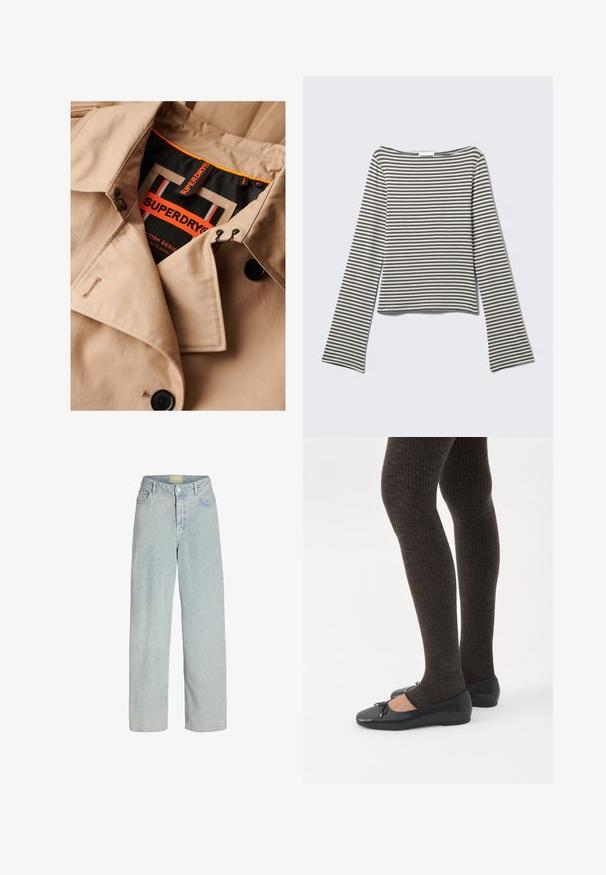 Beige trenchcoat met donkere knopen, dubbele borstsluiting en zwarte kraagvoering. Voorzien van een "SUPERDRY" label in oranje en zwart.; Lange mouwen, cropped top in gedempte grijs- en wit horizontale strepen, gemaakt van zachte stof met een brede, bootstijl halslijn en uitlopende mouwen.; Lichtblauwe denim wide-leg jeans met een hoge taille, voorzakken en een knoopsluiting. De stof heeft een zachte, licht gestructureerde uitstraling.; Benen met donkere geribbelde leggings gecombineerd met zwarte ballerina's met kleine strikdetails op een witte achtergrond.