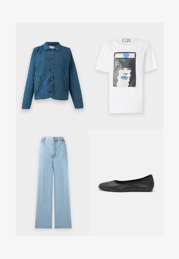 Chaqueta de mezclilla acolchada con cuello, mangas largas, botones frontales y dos bolsillos laterales sobre un fondo liso.; Camiseta de algodón blanca con un estampado gráfico de una cara con labios y ojos azules, enmarcada por un borde negro y un detalle de corazón azul.; Jeans de mezclilla de corte ancho en azul claro con una cintura alta, con cinco pasadores para cinturón, cierre frontal con botón y costuras cosidas.; Bailarina de piel negra con punta redondeada, textura suave, detalle de costura minimalista y diseño de suela flexible.