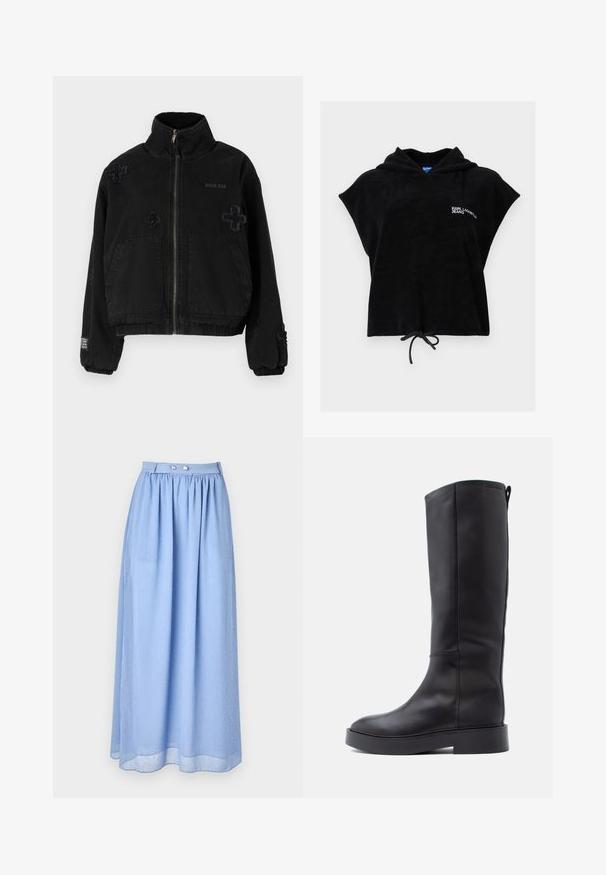 Sort jakke lavet af bomuld med lynlås foran, der har to forlommer, præget logo og teksturerede krydsdesigns på stoffet.; Sort kortærmet hættetrøje med snøre foran og hvidt "KARL LAGERFELD JEANS" logo på venstre bryst.; Lyseblå maxi-nederdel lavet af gennemsigtig stof med et indsamlet talje, prydet med sølvknapdetaljer og et subtilt mønster af små hvide prikker.; Knæhøje sorte læderstøvler med slankt design, flad sål, minimal syning og en diskret lynlås i siden.
