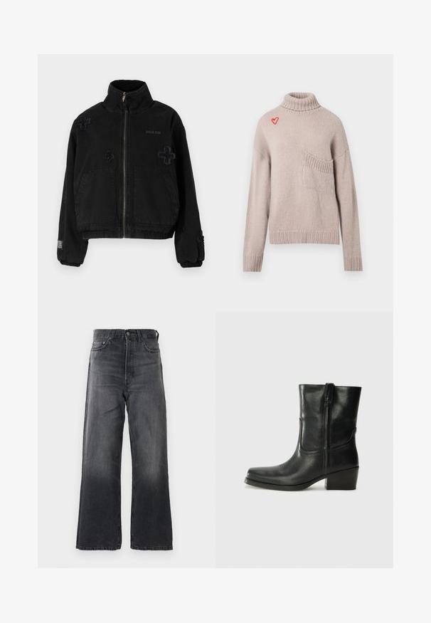 Sort jakke lavet af bomuld med lynlås foran, der har to forlommer, præget logo og teksturerede krydsdesigns på stoffet.; Lyse beige strikket sweater med høj krave, ribbede ærmer og kant, der har en lille rød hjertebrodering nær kraven og en brystlomme.; Mørkegrå bredbenede jeans lavet af denim, med høj talje, forlommer og en klassisk trykknap-lukning. Der er subtile udvaskninger synlige.; Sort læder ankelstøvle med rundt tå, blokhæl, lynlås i siden og stikninger på vampsiden. Glat tekstur, klassisk design.