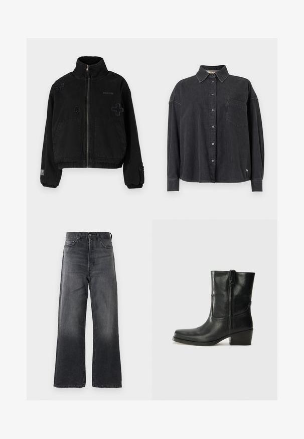 Sort jakke lavet af bomuld med lynlås foran, der har to forlommer, præget logo og teksturerede krydsdesigns på stoffet.; Sort denimskjorte med knappelukning på kraven, lange ærmer og en enkelt brystlomme. Har en afslappet pasform og diskrete syningsdetaljer.; Mørkegrå bredbenede jeans lavet af denim, med høj talje, forlommer og en klassisk trykknap-lukning. Der er subtile udvaskninger synlige.; Sort læder ankelstøvle med rundt tå, blokhæl, lynlås i siden og stikninger på vampsiden. Glat tekstur, klassisk design.