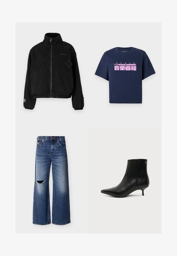 Sort jakke lavet af bomuld med lynlås foran, der har to forlommer, præget logo og teksturerede krydsdesigns på stoffet.; Marineblå kortærmet t-shirt med lyserød tekst "EDWIN MUSIC CHANNEL" og japanske tegn centreret på forsiden.; Blå vidbenede denimjeans med en falmet vask og et revnet hul på venstre lår, med forlommer og knaplukning.; Sort læder ankelstøvle med spids tå og lav kitten hæl på lys baggrund, der viser yderside.