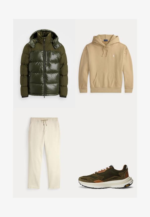 Groene pufferjack met een glanzende afwerking. Heeft een hoge kraag, afneembare capuchon, ritssluiting en twee zijzakken. Gemaakt van polyester.; Beige hoodie met voorvak, trekkoord in kap, geribde boorden en zoom, en klein wit Polo Ralph Lauren-logo op de borst.; Off-white casual broek met elastische tailleband en trekkoord, rechte pijpen en zijzakken op een effen achtergrond.; Low-profile olijfgroene en bruine sportsneaker met witte veters en een dikke witte Vibram-zool, zijaanzicht op een witte achtergrond.