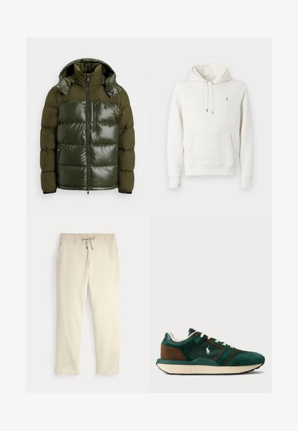 Grønne pufferjakke med en skinnende finish. Har høj krave, aftagelig hætte, lynlåslukning og to sidelommer. Polyester materiale.; Hvid bomulds-hoodie med kengurulomme, justerbar snoretræk-hætte, ribbede manchetter og et lille broderet logo på brystet.; Off-white afslappede bukser med elastisk talje og snor, lige ben og sidelommer mod en ensfarvet baggrund.; Herresneakers i mørkegrøn og brun ruskind, med mesh-paneler, hvide snørebånd og en gummisål. Har et logo på siden.