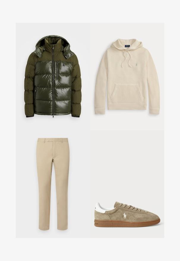 Grønne pufferjakke med en skinnende finish. Har høj krave, aftagelig hætte, lynlåslukning og to sidelommer. Polyester materiale.; Cremefarvet strikket hættetrøje med frontlomme, snøretræk i hætten, ribstrikkede manchetter og kant samt en lille broderet logo på brystet.; Beige bomuldsbukser med lige pasform, der har bæltesløjfer, glat front og skræddersyede søm. Glat tekstur og minimal detaljer.; Suedesneakers i tan med hvide detaljer, rund tå og snørebåndsdesign. Har præget logo og gummisål for bedre greb.