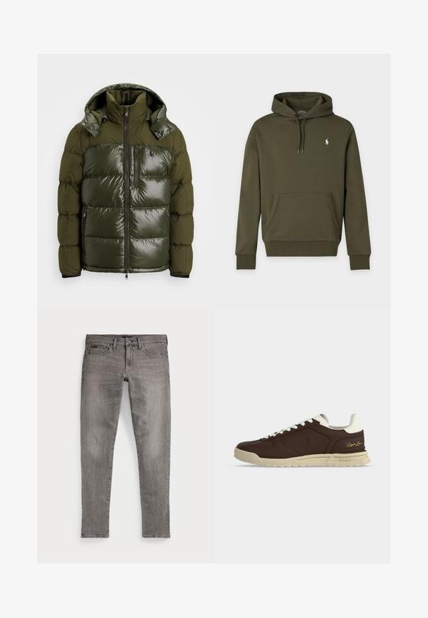 Groene pufferjack met een glanzende afwerking. Heeft een hoge kraag, afneembare capuchon, ritssluiting en twee zijzakken. Gemaakt van polyester.; Donkergroene hoodie met voorzak en klein wit Polo Ralph Lauren-logo op de linkerborst.; Grijze spijkerbroek, slim fit, met rechte pijpen. Kenmerken klassieke vijf-pocketontwerp, stikdetails en een licht vervaagde textuur.; Low-top sneaker met donkerbruine leren bovenkant, witte veters, crèmekleurige zool en witte gewatteerde kraag, met Polo-logo en Ralph Lauren-handtekening.