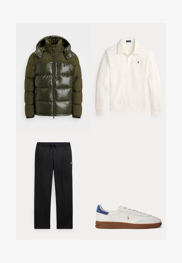 Chaqueta acolchada verde con un acabado brillante. Dispone de un alto cuello, capucha desmontable, cierre con cremallera y dos bolsillos laterales. Material de poliéster.; Sudadera color crema con cuello, mangas largas y bajo acanalado, que presenta un pequeño logo de un jugador de polo negro en el pecho izquierdo.; Pantalones deportivos negros de pierna recta con cintura ajustable con cordón y pequeño logo blanco en el muslo izquierdo, mostrados planos sobre un fondo claro.; Zapatilla blanca de caña baja con suela marrón, lengüeta azul en el talón, cordones y logo dorado de Polo Ralph Lauren en el lateral.