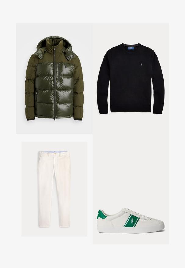 Groene pufferjack met een glanzende afwerking. Heeft een hoge kraag, afneembare capuchon, ritssluiting en twee zijzakken. Gemaakt van polyester.; Zwarte trui met lange mouwen en ronde hals met een klein Polo Ralph Lauren-logo geborduurd op de linkerborst.; Slim-fit herensbroek in off-white met voorzakken, riemlussen en een knoopsluiting op een effen achtergrond.; Witte lage sneaker met groene streep en Polo-logo aan de zijkant, groene hieltab en witte veters, vanaf de linkerkant getoond op een effen achtergrond.
