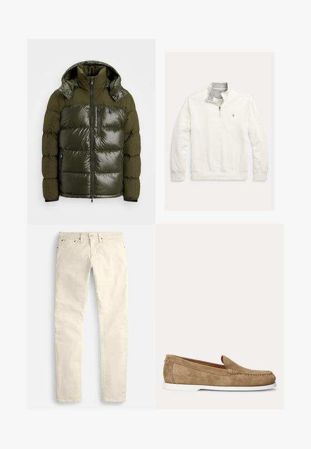 Chaqueta acolchada verde con un acabado brillante. Dispone de un alto cuello, capucha desmontable, cierre con cremallera y dos bolsillos laterales. Material de poliéster.; Jersey blanco de manga larga con cremallera hasta un cuarto, cuello interior gris y pequeño logotipo bordado de caballo en el pecho izquierdo.; Pantalones beige claro de pierna recta hechos de una tela texturizada. Cuentan con cinco bolsillos y herrajes metálicos marrones. Sin patrones ni accents visibles.; Mocasín de estilo mocasín de ante marrón claro con suela blanca y costuras visibles a lo largo de la puntera y los laterales, mostrado en perfil lateral.