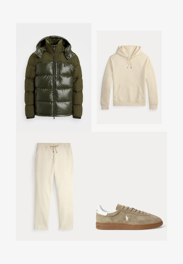 Groene pufferjack met een glanzende afwerking. Heeft een hoge kraag, afneembare capuchon, ritssluiting en twee zijzakken. Gemaakt van polyester.; Beige pullover hoodie met voorzak (kangaroo) en capuchon met trekkoord, met een klein subtiel geborduurd logo op de borst.; Off-white casual broek met elastische tailleband en trekkoord, rechte pijpen en zijzakken op een effen achtergrond.; Beige suède lage sneaker met bruine zool, witte hiel-detail, veters en een wit geborduurd polo-speler logo aan de zijkant.