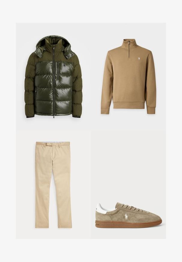 Groene pufferjack met een glanzende afwerking. Heeft een hoge kraag, afneembare capuchon, ritssluiting en twee zijzakken. Gemaakt van polyester.; Beige trui met lange mouwen, kwart rits en opstaande kraag, met klein wit geborduurd logo op de linkerborst.; Beige broek met rechte pijpen, ceintuurlussen en een voorrits, plat gelegd tegen een witte achtergrond.; Suède sneaker in tan met witte accenten, ronde neus en vetersluiting. Beschikt over een geperst logo en rubberen zool voor grip.