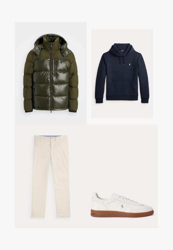 Grüne Daunenjacke mit einem glänzenden Finish. Verfügt über einen hohen Kragen, eine abnehmbare Kapuze, einen Reißverschluss und zwei Seitentaschen. Aus Polyester gefertigt.; Dunkel marineblauer Kapuzenpullover mit vorderer Kängurutasche, Kapuzenkordel, langen Ärmeln und kleinem weißen Polo Ralph Lauren Logo auf der Brust.; Beige Cordhosen mit geradem Bein, Vordertaschen, Gürtelschlaufen und Knopfverschluss auf weißem Hintergrund.; Weißer Sneaker mit niedrigem Schnitt, brauner Sohle, Schnürung vorne und kleinem goldfarbenem Polo Ralph Lauren Logo an der Seite.