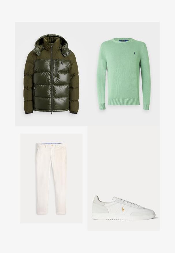 Grønne pufferjakke med en skinnende finish. Har høj krave, aftagelig hætte, lynlåslukning og to sidelommer. Polyester materiale.; Lysegrøn strikket sweater med rund hals, ribstrikkede manchetter og kant, med en lille navy logo på brystet. Tekstureret stof og enkelt design.; Herre slim-fit off-white bukser med frontlommer, bæltestropper og knaplukning på en ensfarvet baggrund.; Hvid lavtop sneaker med snøredesign, guldfarvet Polo Ralph Lauren-logo på siden og tekstureret sål på en ensfarvet baggrund.