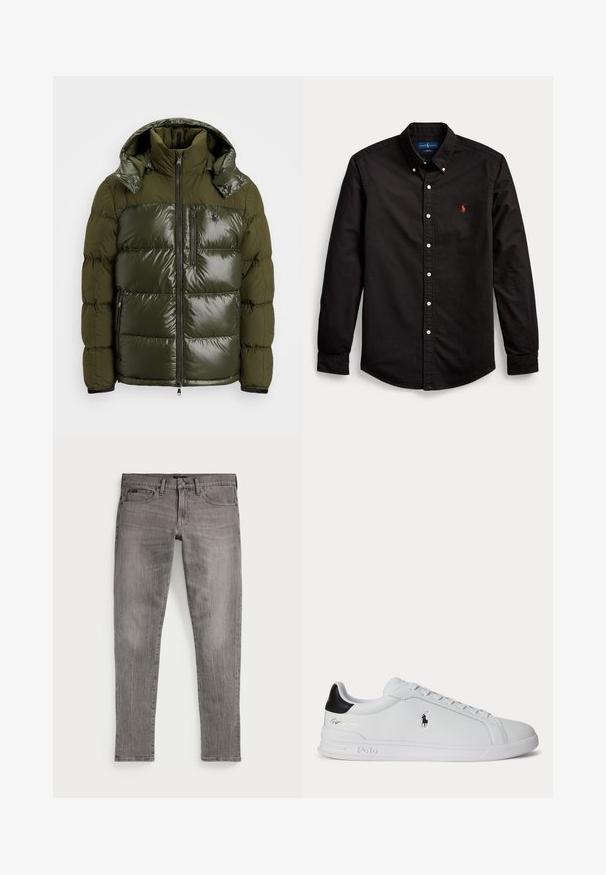 Groene pufferjack met een glanzende afwerking. Heeft een hoge kraag, afneembare capuchon, ritssluiting en twee zijzakken. Gemaakt van polyester.; Zwart overhemd met lange mouwen en kraag, witte knopen en een rood geborduurd logo op de linkerborst.; Grijze spijkerbroek, slim fit, met rechte pijpen. Kenmerken klassieke vijf-pocketontwerp, stikdetails en een licht vervaagde textuur.; Witte lage sneaker met zwarte hieltab, veters en Polo Ralph Lauren-logo aan de zijkant, met gegraveerde zooldetails.