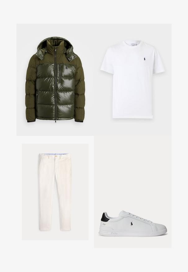 Grønne pufferjakke med en skinnende finish. Har høj krave, aftagelig hætte, lynlåslukning og to sidelommer. Polyester materiale.; Hvid kortærmet T-shirt med rund hals og lille mørkeblå polo spiller logo på venstre bryst.; Herre slim-fit off-white bukser med frontlommer, bæltestropper og knaplukning på en ensfarvet baggrund.; Hvid lavtop sneaker med sort hælfane, snørebånd og Polo Ralph Lauren-logo på siden, med præget såldetaljer.