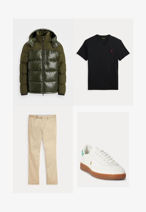 Grønne pufferjakke med en skinnende finish. Har høj krave, aftagelig hætte, lynlåslukning og to sidelommer. Polyester materiale.; Sort V-hals T-shirt med korte ærmer og et lille rødt Polo Ralph Lauren-logo på venstre bryst.; Beige bukser med lige ben, bæltestropper og frontlynlås, lagt fladt mod en hvid baggrund.; Hvid snøresneaker med brun gummisål, grøn hælfane og lille gyldent polo-spiller logo på ydersiden.