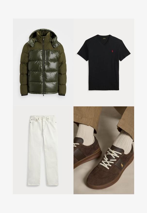 Groene pufferjack met een glanzende afwerking. Heeft een hoge kraag, afneembare capuchon, ritssluiting en twee zijzakken. Gemaakt van polyester.; Zwarte V-hals T-shirt met korte mouwen en een klein rood Polo Ralph Lauren-logo op de linkerborst.; Witte denimjeans met een rechte pasvorm, voorzien van vijf zakken, metalen knopen en stiksels langs de naden. Gladde textuur.; Bruine suède sneakers met witte veters gedragen met beige geribbelde sokken en lichtbruine broek.