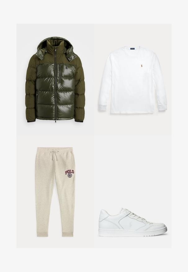 Groene pufferjack met een glanzende afwerking. Heeft een hoge kraag, afneembare capuchon, ritssluiting en twee zijzakken. Gemaakt van polyester.; Witte longsleeve met ronde hals en klein geborduurd Polo Ralph Lauren-logo op de linkerborst.; Beige joggingbroek met trekkoord, zijzakken en rood "POLO"-logo en embleem op de bovenste linker dij.; Witte leren sneaker met een gladde textuur, voorzien van een geperforeerde neus, vetersluiting en geborduurde logo aan de zijkant. Witte rubberen zool.
