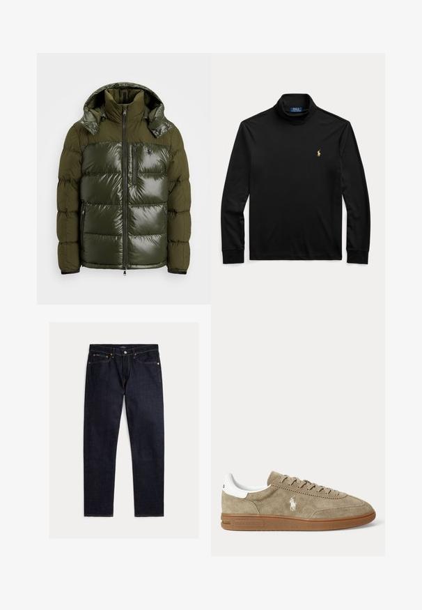 Groene pufferjack met een glanzende afwerking. Heeft een hoge kraag, afneembare capuchon, ritssluiting en twee zijzakken. Gemaakt van polyester.; Zwarte lange mouw coltrui met klein gouden Polo Ralph Lauren-logo op de linkerborst, plat gelegd op een lichte achtergrond.; Donker indigoblauwe rechte jeans met vijf zakken, knoop- en ritsluiting en contrasterende oranje stiksels op een effen achtergrond.; Beige suède lage sneaker met bruine zool, witte hiel-detail, veters en een wit geborduurd polo-speler logo aan de zijkant.