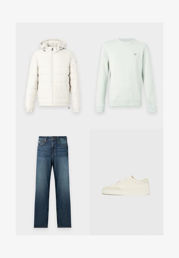Veste blanche matelassée avec capuche, fermeture éclair à l'avant et cordon de serrage ajustable. Dispose de poignets à boutons-pression et d'une texture lisse et douce.; Sweat-shirt vert clair à manches longues, col rond, avec un petit logo triangulaire sur la poitrine. Tissu doux et poignets côtelés.; Jean bleu foncé avec une coupe droite, un design à cinq poches et un léger effet délavé. Fabriqué en tissu denim avec des détails de couture classiques.; Baskets en daim blanc à finition lisse, embout rond, design lacé plat, avec des accents texturés contrastants. Comprend un détail de logo subtil.