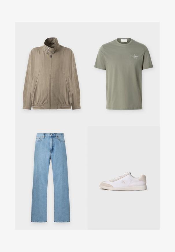 Veste casual beige clair avec col montant, fermeture éclair à l'avant, boutons-pression, manches longues et poches latérales, présentée sur un fond blanc.; T-shirt vert olive clair à manches courtes avec col rond et petit logo blanc Calvin Klein sur le côté gauche de la poitrine.; Jean en denim bleu clair coupe droite à cinq poches avec fermeture à boutons à la taille, présenté sur un fond uni.; Baskets basses blanches et beiges avec fermeture à lacets, accents en daim, et logo « cK » sur le côté, présentées de profil sur un fond uni.