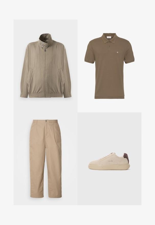 Veste casual beige clair avec col montant, fermeture éclair à l'avant, boutons-pression, manches longues et poches latérales, présentée sur un fond blanc.; Polo marron à manches courtes avec deux boutons et petit logo blanc "CK" sur la poitrine gauche.; Pantalons en coton léger beige avec un devant plissé, fermeture à bouton et jambes droites, offrant une texture lisse et sans motifs visibles.; Baskets en daim beige avec un bout rond, lacets à l'avant et un accent en daim marron sur le talon. Dotées d'une semelle en caoutchouc texturé.