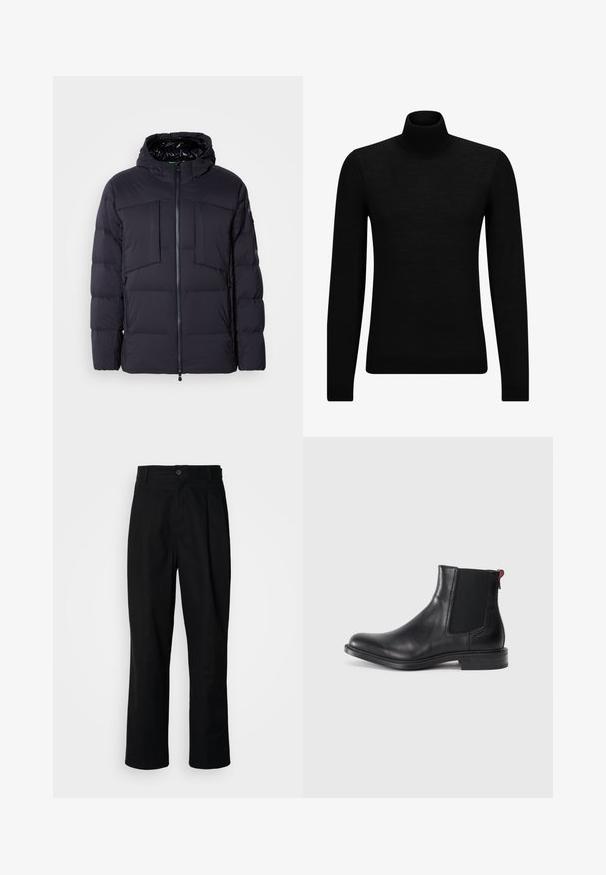 Polstret sort jakke med hætte, med en frontlynlås, to store brystlommer og sidelommer. Glat tekstur og quiltet design.; Sort turtleneck sweater lavet af blødt materiale, med lange ærmer og en tætsiddende pasform. Ribbet trim ved kanten og manchetter. Simpelt design.; Sorte lige ben bukser med en knaplukket talje, bæltestropper og en frontfold, præsenteret mod en ensfarvet hvid baggrund.; Sort læder Chelsea-støvle med elastiske sidepaneler, afrundet tå og lav, stablet hæl. Har en rød løftestrop og subtil branding på siden.