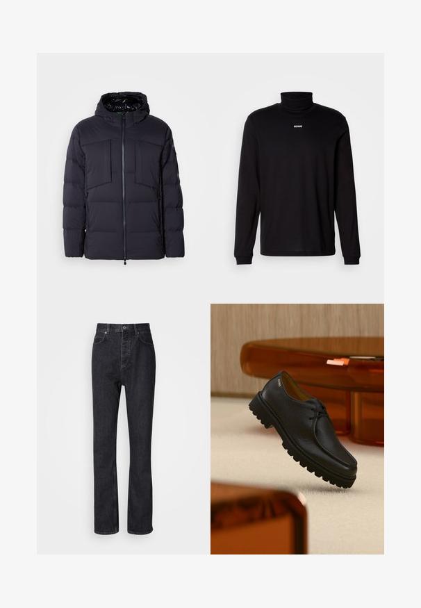 Gestikte zwarte gewatteerde jas met een capuchon, voorzien van een voorkant met ritssluiting, twee grote borstzakken en zijzakken. Glad textuur en gestikt ontwerp.; Zwarte turtleneckshirt met lange mouwen, gemaakt van soepel materiaal, met een witte "HUGO" logo op de borst, en met aansluitende manchetten en zoom.; Hoge taille zwarte denim jeans met een knoop- en ritssluiting, voor- en achterzakken en een rechte pasvorm.; Zwart gestructureerd leren veterschoen met dikke geribbelde zool, voorzien van het merk "HUGO" vlak bij de hiel, weergegeven tegen een beige tapijt en amberkleurig meubilair.