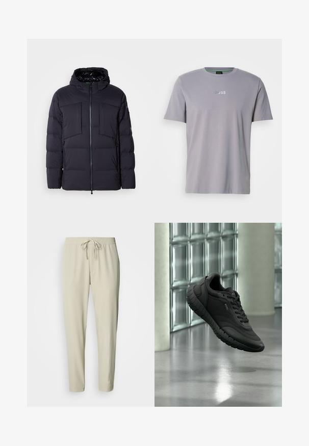 Polstret sort jakke med hætte, med en frontlynlås, to store brystlommer og sidelommer. Glat tekstur og quiltet design.; Grå kortærmet T-shirt lavet af bomuld, med rund halsudskæring og præget "BOSS"-logo i hvid på brystet.; Beige bukser med elastik i taljen og snøre. Glat stof med sidelommer og en afslappet pasform, der smalner af ved anklerne.; Sort BOSS-sneaker med tekstureret sål, mesh og læderoverdel, flydende indendørs foran baggrund af glasblokke og betonpiller.