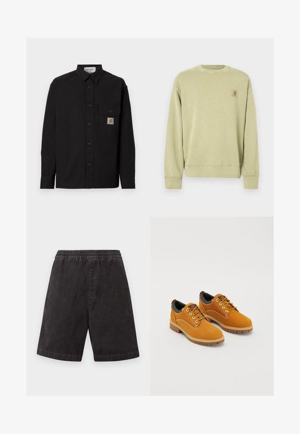 Black long-sleeve button-up shirt with collar, chest pocket featuring Carhartt logo patch, and buttoned cuffs, displayed on plain background.; Light green sweatshirt with a classic crew neck, ribbed cuffs, and a small rectangular logo patch on the left chest. Soft, textured fabric.; Black corduroy shorts with elastic waistband and a simple, loose fit, displayed on plain white background.; Brown suede shoes with a rounded toe, yellow laces, a padded black collar, and rubber soles featuring traction grooves.