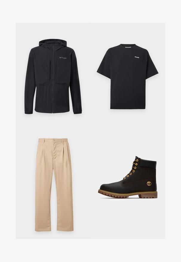 Veste noire à capuche avec une fermeture éclair à l'avant, deux grandes poches poitrine, des poignets élastiques et le logo Columbia sur la poitrine gauche.; T-shirt noir à manches courtes avec petit logo blanc Columbia sur le haut gauche de la poitrine, col rond et coupe décontractée.; Pantalon beige à jambes droites avec plis sur le devant, fermeture à boutons, passants pour ceinture, et tissu lisse sans plis.; Bottine noire en cuir avec œillets dorés, accents marron et semelle en caoutchouc. Comprend un col rembourré et un logo estampé sur le côté.