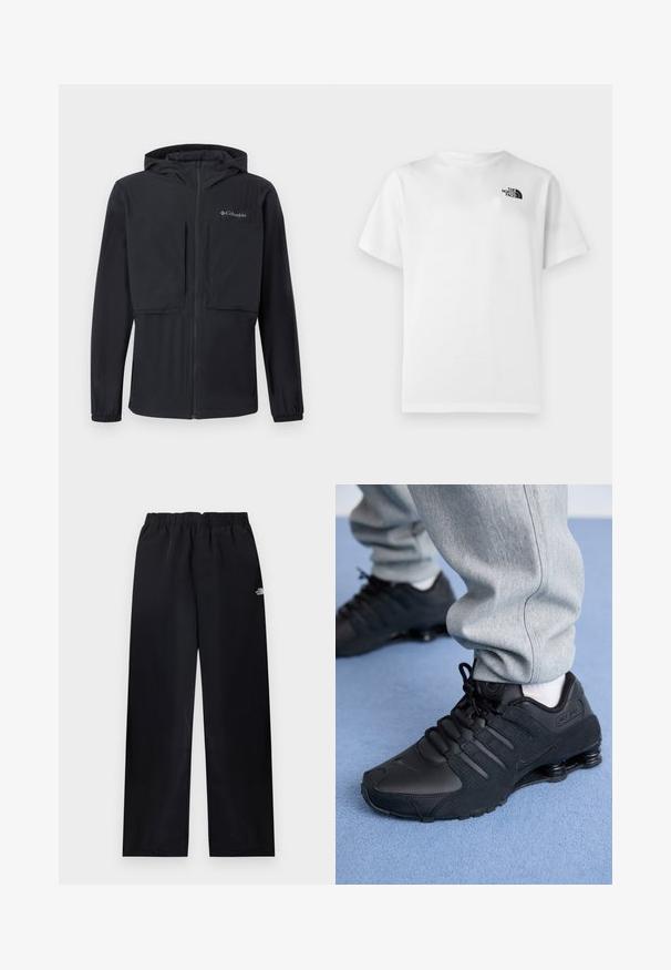 Veste noire à capuche avec une fermeture éclair à l'avant, deux grandes poches poitrine, des poignets élastiques et le logo Columbia sur la poitrine gauche.; T-shirt en coton blanc à manches courtes et col rond. Présente un petit logo noir sur le côté gauche supérieur. Texture lisse.; Pantalon droit à taille élastique noire avec petit logo blanc sur la partie supérieure de la cuisse droite, présenté à plat sur un fond clair.; Personne portant des baskets Nike Shox noires et un pantalon de survêtement gris, debout sur un tapis bleu clair.