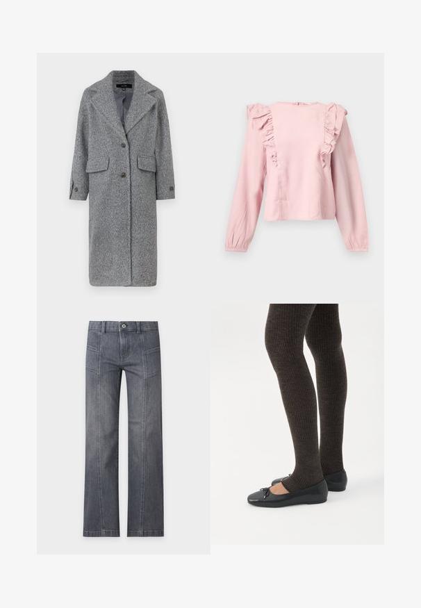 Grijze wollen blend jas met een notchlapel, twee voorzakken en knoopsluiting. Ontworpen met een relaxte pasvorm en lange mouwen.; Lichtroze blouse met lange mouwen, voorzien van ruches langs de voorkant en schouders, en een ronde halslijn.; Grijze rechtvallende denim jeans met details aan de voornaad, riemlussen en een knoopsluiting op een effen lichte achtergrond.; Benen met donkere geribbelde leggings gecombineerd met zwarte ballerina's met kleine strikdetails op een witte achtergrond.