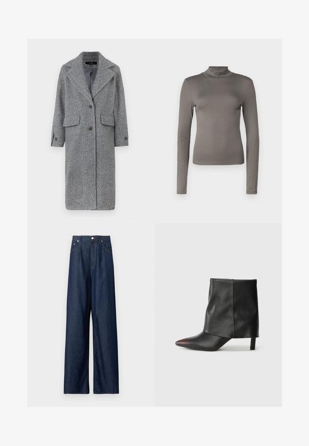 Grijze wollen blend jas met een notchlapel, twee voorzakken en knoopsluiting. Ontworpen met een relaxte pasvorm en lange mouwen.; Grijze geribbelde lange mouwen turtleneck top met een aangesloten ontwerp en zachte textuur. Heeft een hoge halslijn en een slanke Silhouette.; Wijde donkerblauwe spijkerbroek met hoge taille, voorste knopen, ritssluiting en zijzakken tegen een effen lichte achtergrond.; Zwarte enkellaars van glad leer met een puntige neus en een taps toelopende hak. Het bovenwerk heeft een licht geplooid ontwerp.