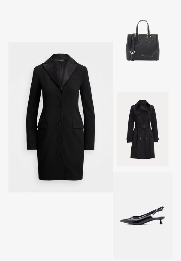 Schwarzer doppelreihiger Trenchcoat mit Gürtel, Schulterklappen, mit Knöpfen verschlossenen Taschen mit Klappen und Manschettenriemen, dargestellt auf einem schlichten Hintergrund.; Schwarzer maßgeschneiderter Mantel mit scharfem Revers, einreihiger Knopfverschluss, zwei seitlichen Taschen und glatter, eleganter Stoffstruktur.; Schwarzer Slingback-Pumps aus Lackleder mit spitz zulaufender Kappe und elastischem Markenriemen mit der Aufschrift "KARL LAGERFELD".; Schwarze Lederhandtasche mit strukturiertem Finish, Hardware in Goldfarbe, zwei Griffen oben, abnehmbarem Schultergurt und kontrastierenden Nahtdetails.