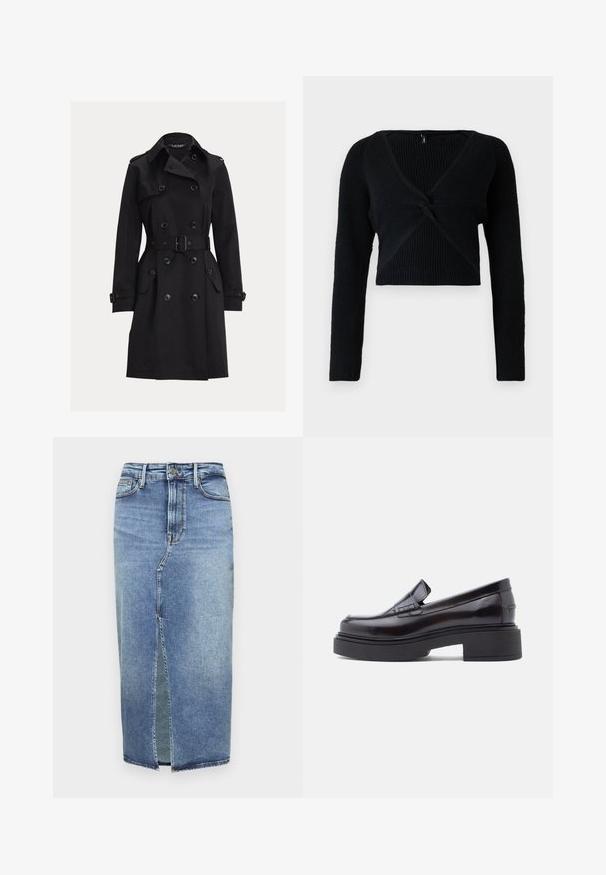 Schwarzer doppelreihiger Trenchcoat mit Gürtel, Schulterklappen, mit Knöpfen verschlossenen Taschen mit Klappen und Manschettenriemen, dargestellt auf einem schlichten Hintergrund.; Schwarzer, verkürzter Pullover aus geripptem Strickstoff mit tiefem V-Ausschnitt, langen Ärmeln und einem geknoteten Vorderteil für zusätzliche Textur.; Good American SLIT FRONT MIDI - Jeansrock - light blue denim; Schwarze Lackleder-Lodge mit breiter, quadratischer Zehenpartie, erhöhter Sohle und minimalen Nähten auf dem Schaft. Flache, klobige Gummisohle.