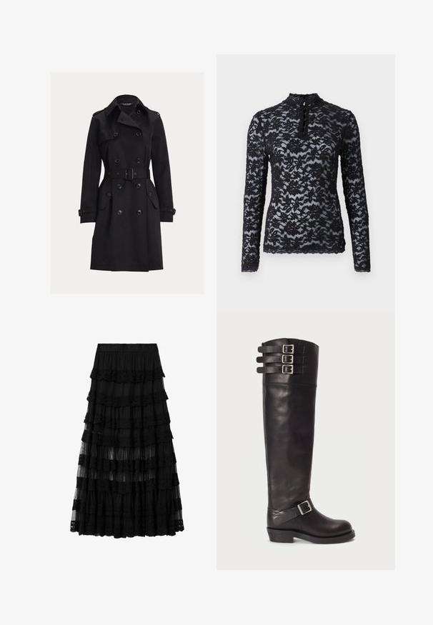 Schwarzer doppelreihiger Trenchcoat mit Gürtel, Schulterklappen, mit Knöpfen verschlossenen Taschen mit Klappen und Manschettenriemen, dargestellt auf einem schlichten Hintergrund.; Rosemunde Langarmshirt - black; Schwarzer, gestufter Spitzen-Midirock mit elastischem Bund, geprägt mit Markennamen, mit transparenten und blickdichten, geschichteten Stoffpaneelen.; Schwarze knieh hohe Lederstiefel mit runder Zehenform, drei Schnallenriemen am oberen Ende und einer seitlichen Schnallendetails. Flache Sohle und glatte Textur.