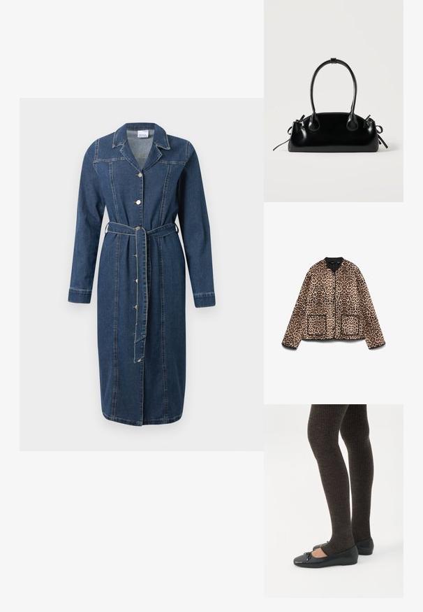 Leopardmønstret jakke med rund halsudskæring, sort trim og to forlommer. Stoffet ser blødt ud med en pelslignende tekstur.; Denim skjortekjole i mørkeblå, med lange ærmer, krave, knaplukning og bælte i taljen. Synlige syninger.; Ben iført mørke ribbede leggings kombineret med sorte balletsko med små sløjfedetaljer på hvid baggrund.; Lille sort blank håndtaske med to lange håndtag og snøre-detaljer i siden på en ensfarvet lys baggrund.
