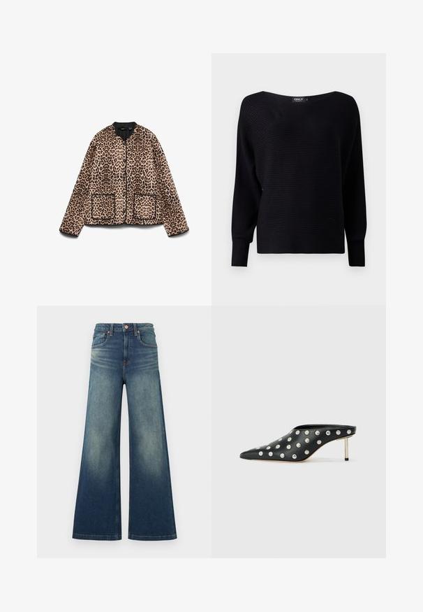 Leopardmønstret jakke med rund halsudskæring, sort trim og to forlommer. Stoffet ser blødt ud med en pelslignende tekstur.; Sort ribbet striktrøje med bred halsudskæring, lange ærmer og en løs pasform, der har tekstureret stof og minimalistisk design.; Blå denimbukser med høj talje og vide ben samt falmning på lårene, der har forlommer og kobberknaplukning foran.; STAND STUDIO KELSEY - Mules med hæl - black