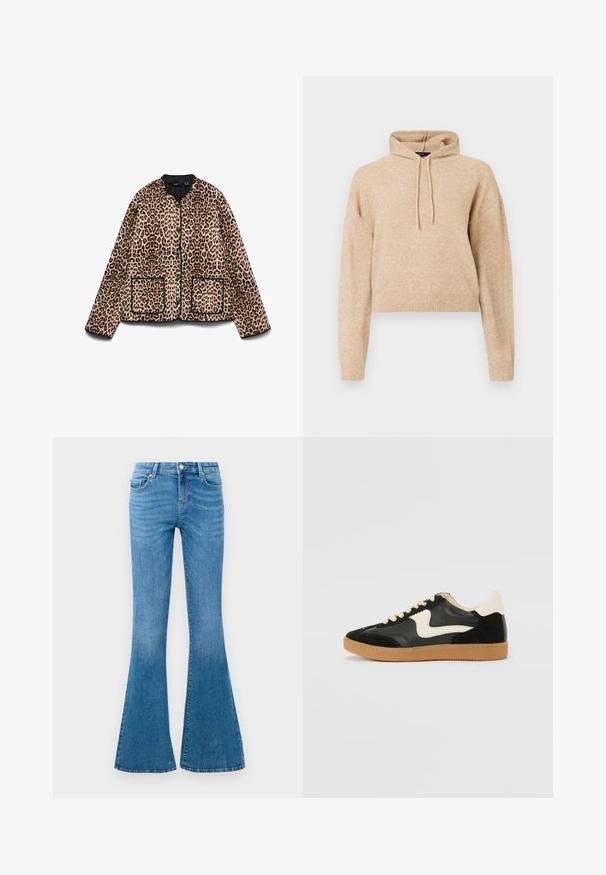 Leopardmønstret jakke med rund halsudskæring, sort trim og to forlommer. Stoffet ser blødt ud med en pelslignende tekstur.; Beige cropped striktrøje med lange ærmer og snorhætte, præsenteret på en hvid baggrund.; Blå denim flared jeans med mellemhøj talje, der har fem lommer, en standard knaplukning og let falmning for struktur.; Sorte ruskinds- og lædersneakers med en cremefarvet side-swoosh og lys cremefarvet hæl. Har beige snørebånd og en gummirubber-sål.