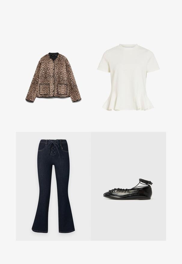 Veste à imprimé léopard avec un col rond, des bordures noires et deux poches avant. Le tissu semble doux avec une texture ressemblant à de la fourrure.; Blouse blanche à manches courtes avec col rond et ourlet évasé à basque, tissu lisse et design simple et ajusté.; Jean évasé bleu foncé avec fermeture à lacets à l'avant et poches avant, présenté à plat sur un fond uni.; Ballerines en cuir verni noir avec un bout rond, un design à lacets et une semelle plate. Texture lisse avec peu de détails.