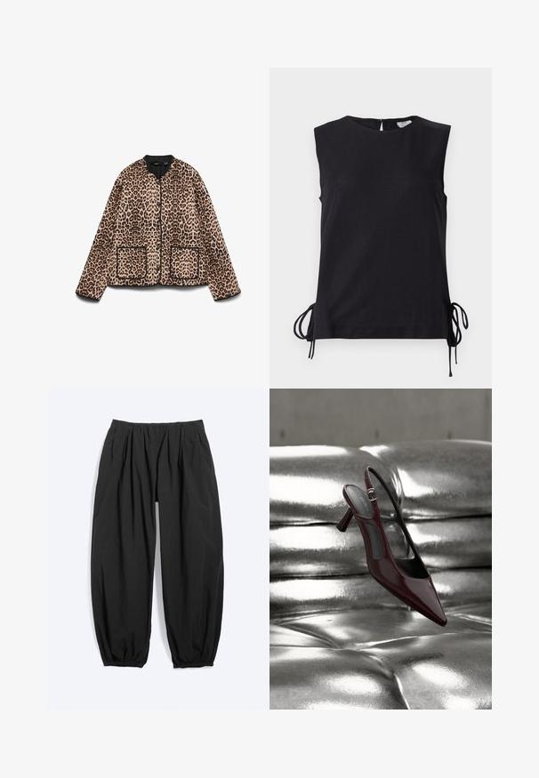 Leopardmønstret jakke med rund halsudskæring, sort trim og to forlommer. Stoffet ser blødt ud med en pelslignende tekstur.; Ærmeløs sort top med rund hals og justerbare sideremme ved sømmen, vist mod en hvid baggrund.; Løse sorte tilspidsede bukser med elastisk talje og ankelsmæk, lavet af let stof.; Blank mørkerød slingback højhælet sko med spids tå, vist på en skinnende sølvfarvet polstret læderoverflade.