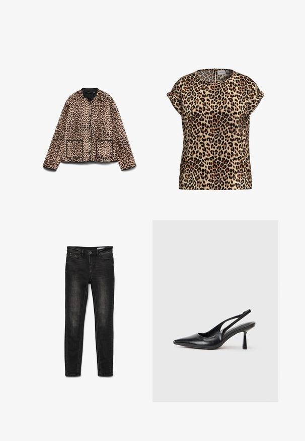Leopardmønstret jakke med rund halsudskæring, sort trim og to forlommer. Stoffet ser blødt ud med en pelslignende tekstur.; Top med leopardprint, korte ærmer, rund halsudskæring, lavet af silkeagtigt stof; har en lys brun baggrund med sorte og brune pletter.; Sorte denim skinny jeans med en mellemhøj talje, klassisk 5-lomme design, let falmning på hofterne og lukning med metalknap.; Sort læderslagback højhælet sko med spids tå og slank hæl på en hvid baggrund.