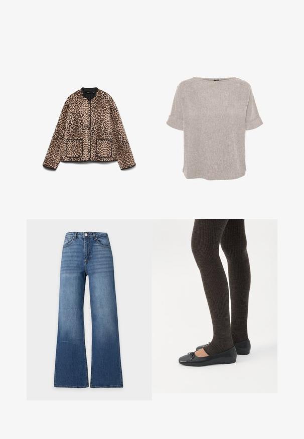 Jaspisjack met een ronde halslijn, zwarte afwerking en twee zakken aan de voorkant. De stof lijkt zacht met een vachtachtige textuur.; Lichtgrijs, kort mouw textuur blouse met ronde hals en omgeslagen manchetten, losse pasvorm.; Blauwe high-waist spijkerbroek met wijde pijpen, knoop aan de voorkant, rits en klassiek ontwerp met vijf zakken op een effen lichte achtergrond.; Benen met donkere geribbelde leggings gecombineerd met zwarte ballerina's met kleine strikdetails op een witte achtergrond.