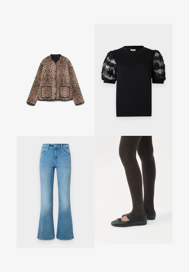 Veste à imprimé léopard avec un col rond, des bordures noires et deux poches avant. Le tissu semble doux avec une texture ressemblant à de la fourrure.; T-shirt noir avec un col rond et des manches courtes. Les manches bouffantes sont en tissu transparent avec une broderie florale noire délicate.; Jean flare en denim bleu clair avec poches avant, passants de ceinture et fermeture à bouton sur un fond blanc.; Jambes portant des leggings côtelés foncés associés à des ballerines noires avec de petits détails en nœud sur fond blanc.