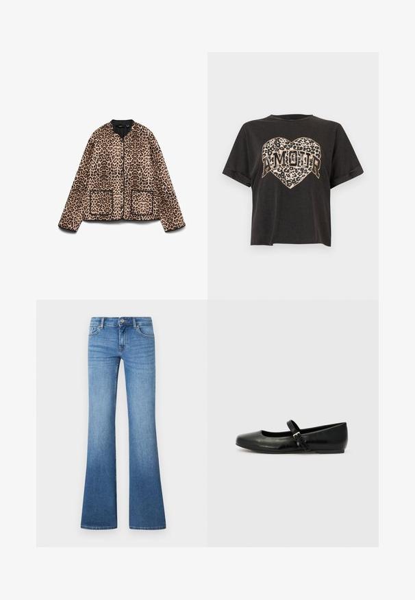 Chaqueta de leopardo con cuello redondo, ribete negro y dos bolsillos frontales. La tela parece suave con una textura similar al pelo.; Camiseta negra corta de manga corta con un gráfico de corazón con estampado de leopardo y la palabra "AMOUR" en texto en negrita en el centro.; Vaqueros acampanados de mezclilla en azul claro. Presentan un diseño de cinco bolsillos, cierre con botón de metal y un sutil desgaste cerca de las rodillas.; Bailarinas de cuero negro con punta redondeada, suela plana y una delgada correa ajustable en el empeine que cuenta con una hebilla de metal.