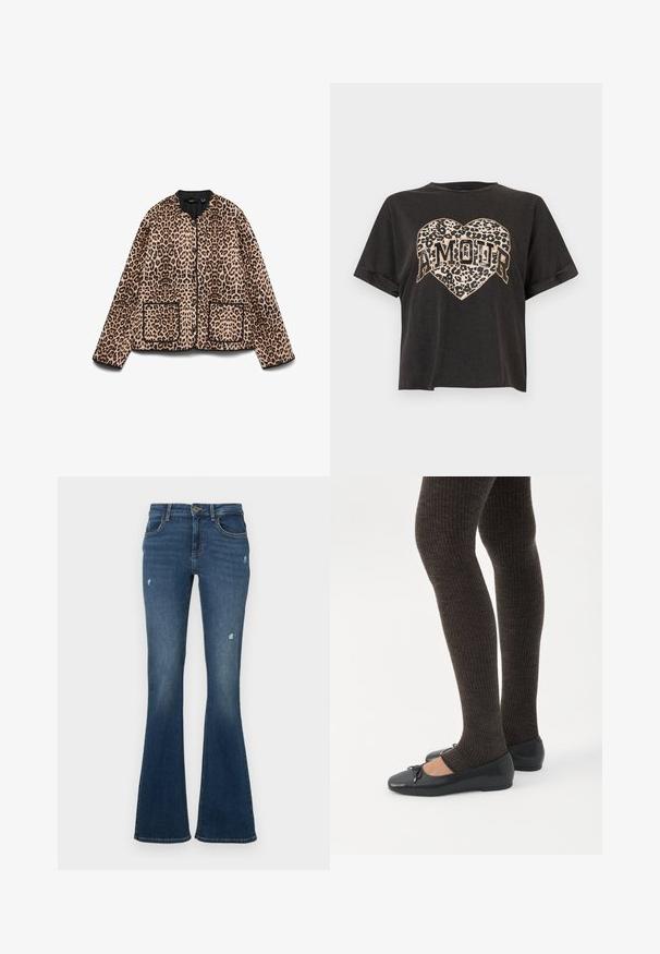 Chaqueta de leopardo con cuello redondo, ribete negro y dos bolsillos frontales. La tela parece suave con una textura similar al pelo.; Camiseta negra corta de manga corta con un gráfico de corazón con estampado de leopardo y la palabra "AMOUR" en texto en negrita en el centro.; Pantalones vaqueros acampanados en azul oscuro con parches desgastados. Cuenta con cinco bolsillos y cierre de cremallera. Tela de peso medio con una textura suave.; Piernas con leggings oscuros acanalados combinados con bailarinas negras que presentan pequeños detalles de lazo sobre un fondo blanco.