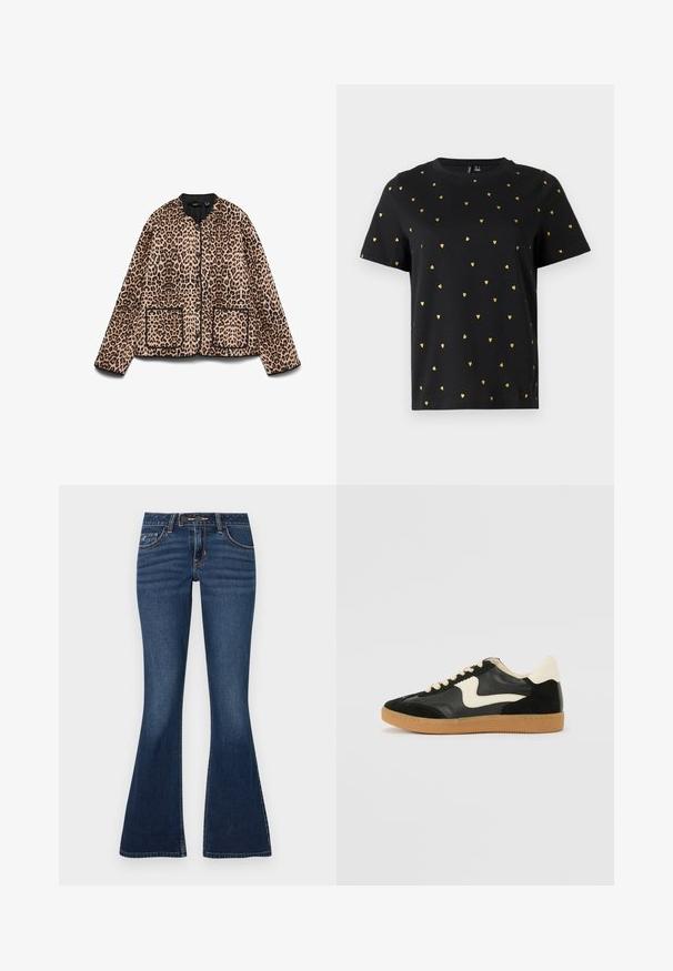 Leopardmønstret jakke med rund halsudskæring, sort trim og to forlommer. Stoffet ser blødt ud med en pelslignende tekstur.; Sort T-shirt med korte ærmer lavet af bomuld, prydet med små guld hjerter, der er jævnt fordelt over stoffet. Rund halsudskæring.; Flared jeans i mørkeblå denim med et klassisk fem-lomme-design, kontrastsyninger og lynlås med knaplukning.; Sorte ruskinds- og lædersneakers med en cremefarvet side-swoosh og lys cremefarvet hæl. Har beige snørebånd og en gummirubber-sål.