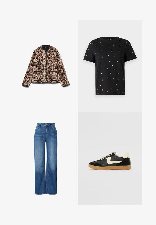 Veste à imprimé léopard avec un col rond, des bordures noires et deux poches avant. Le tissu semble doux avec une texture ressemblant à de la fourrure.; T-shirt noir à manches courtes en coton, arborant de petits motifs en forme de cœur doré répartis uniformément sur le tissu. Col rond.; Jeans en denim bleu à jambe large avec taille haute, présentant des zones décolorées, un design traditionnel à cinq poches et une fermeture à bouton à l'avant.; Baskets en daim et cuir noir avec un swoosh latéral crème et un talon crème clair. Dotées de lacets beige et d'une semelle en caoutchouc gomme.