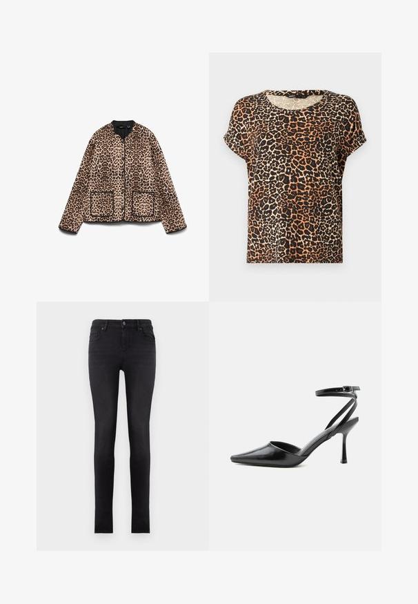 Jaspisjack met een ronde halslijn, zwarte afwerking en twee zakken aan de voorkant. De stof lijkt zacht met een vachtachtige textuur.; Leopardprint t-shirt met korte mouwen in tinten van oranje, zwart en crème. Ronde halslijn en zachte stofstructuur.; Zwarte skinny jeans van denim, met een middelhoge taille, voork pockets en een gladde textuur met contrasterende stikdetails.; Zwarte pumps met puntige neus, dunne enkelbandjes en een zilveren gesp op een effen lichte achtergrond.